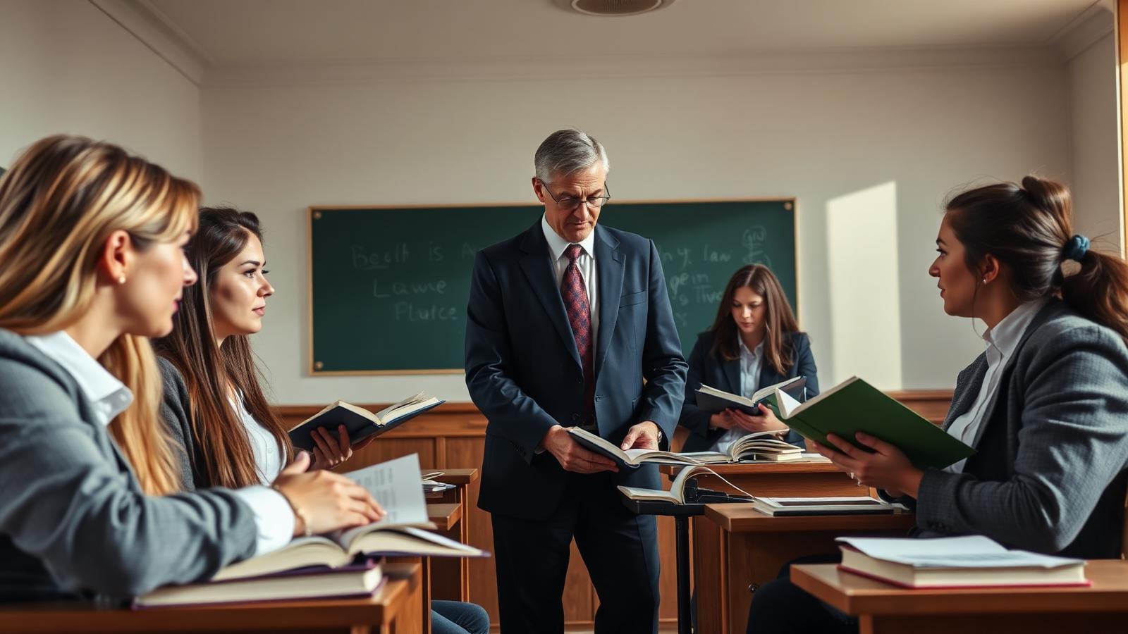 Teacher coaching law aspirants in a moot-court classroom