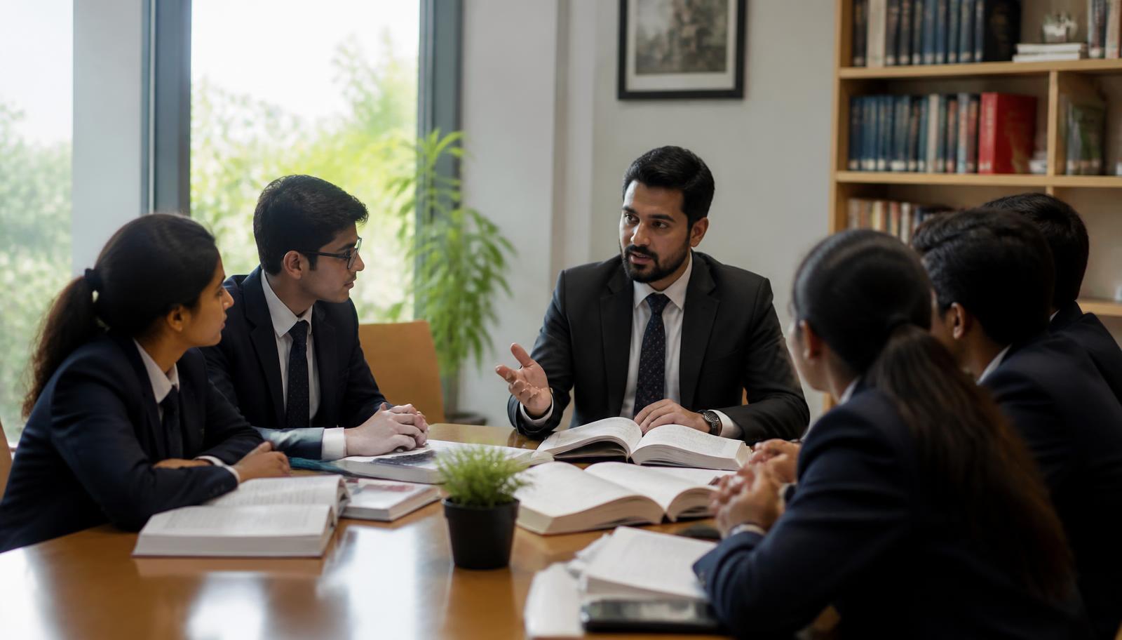 Teacher leading a corporate law discussion with students