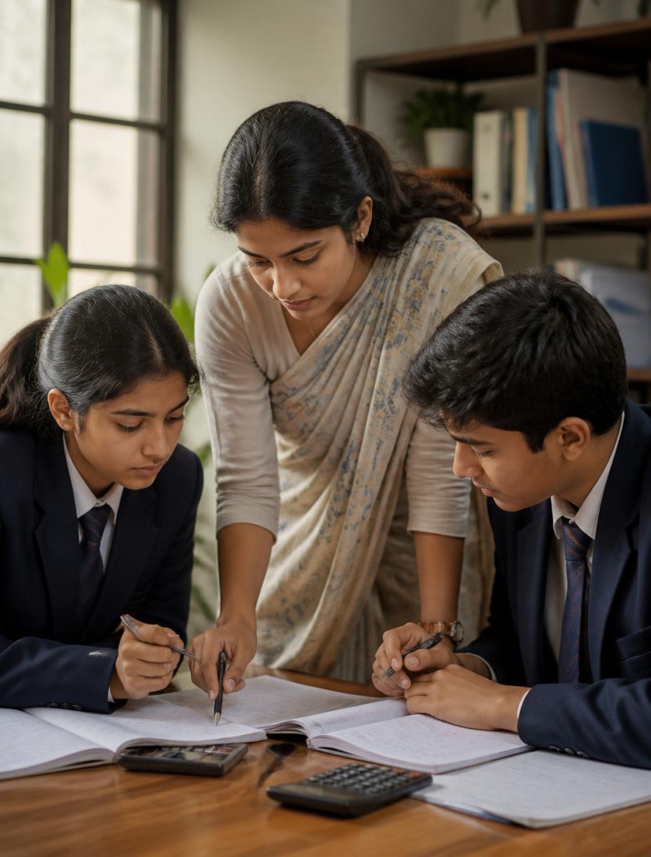 A teacher working through a problem with two students at their desk